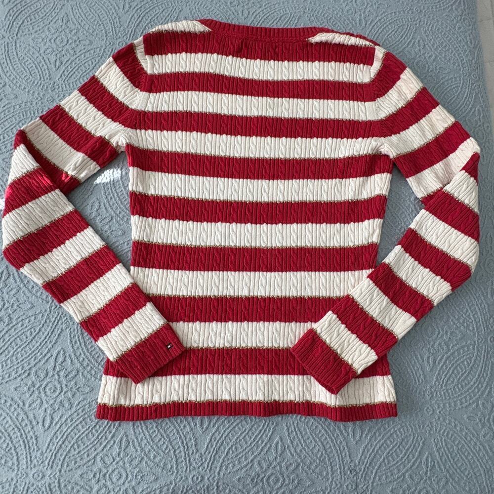 Tommy Hilfiger Stripe Cable Knit Sweater Red White Gold Medium Preppy - Picture 6 of 8